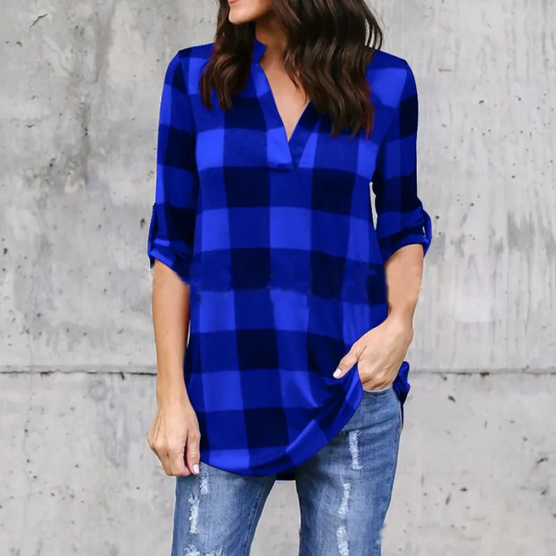 New fashion classic plaid printed v-neck long sleeve blouse with sleeves in spring 2018./Ladies business casual shirt. |