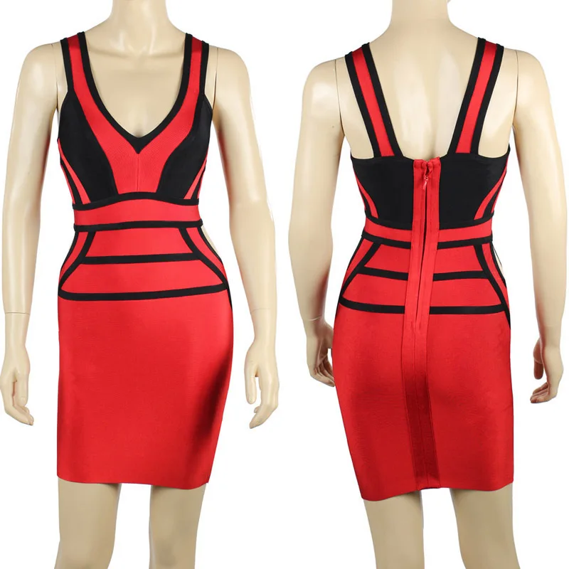 

2015 Red And Black Sexy V Neck Hole Bodycon Knitted Bandage Dress