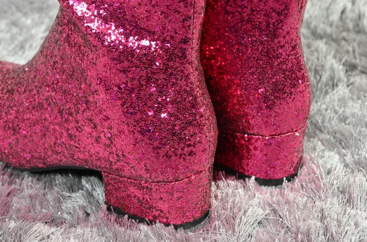 Bota Feminina/Роскошная блестящая дизайнерская обувь для женщин; большие размеры 34-46; ботинки для ночного клуба; цвет золотой, серебряный; шикарные сапоги для верховой езды на низком каблуке
