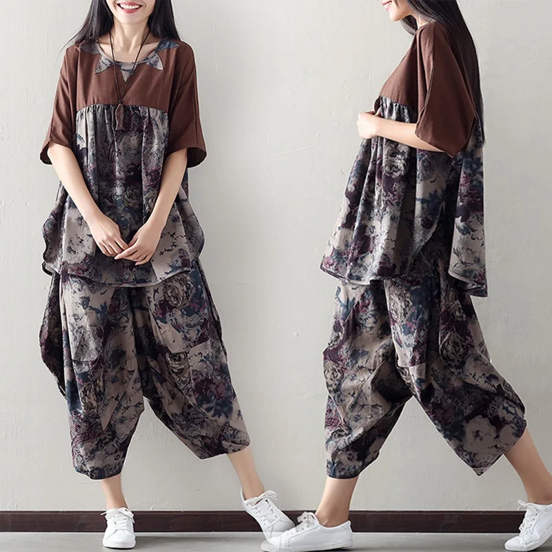 2 Piece Sets Womens Outfits Summer Casual Women'S Tracksuits Cotton Linen Female Vintage Pants And Top Two Set AA4570 |