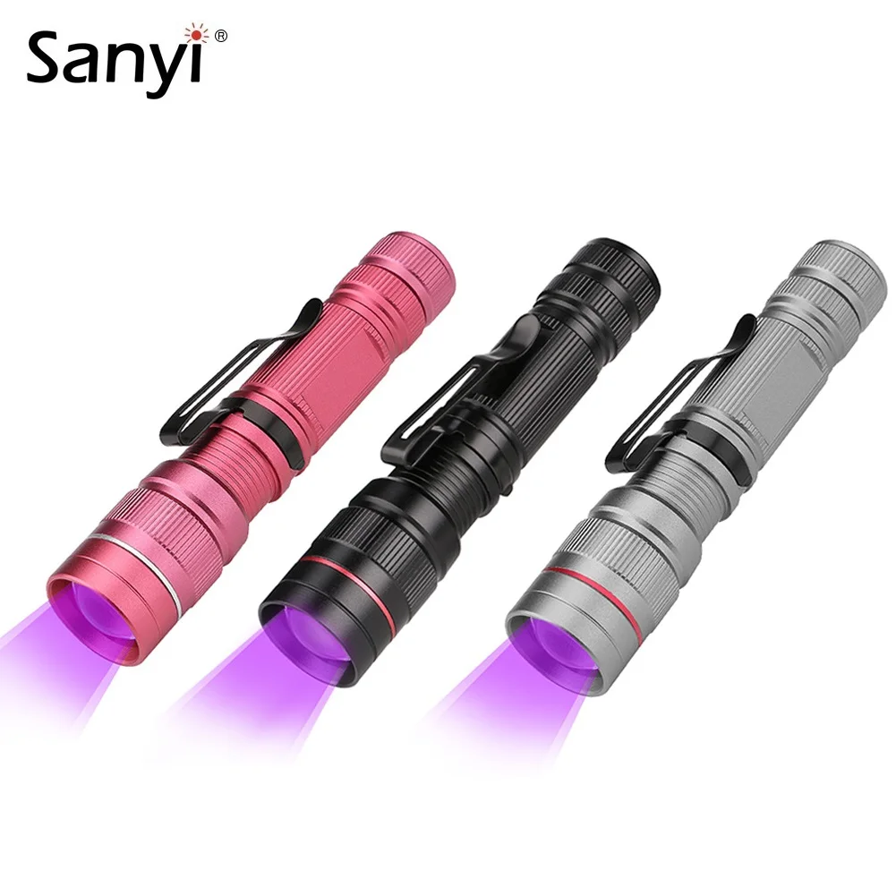 

Светодиодный УФ-фонарик Sanyi, 3 режима, 395 нм, ультрафиолетовый свет, черный светильник, УФ-лампа, фонарик 14500/AA для обнаружения маркеров