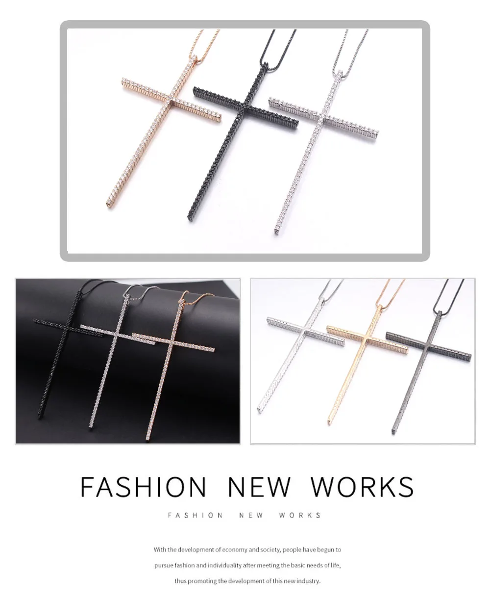 MHS.SUN CZ Zircon Big Cross Pendant Necklace For Men Women Gift Hip Hop Gold/Silver/Black Chain Necklace Religion Jewelry 1PC