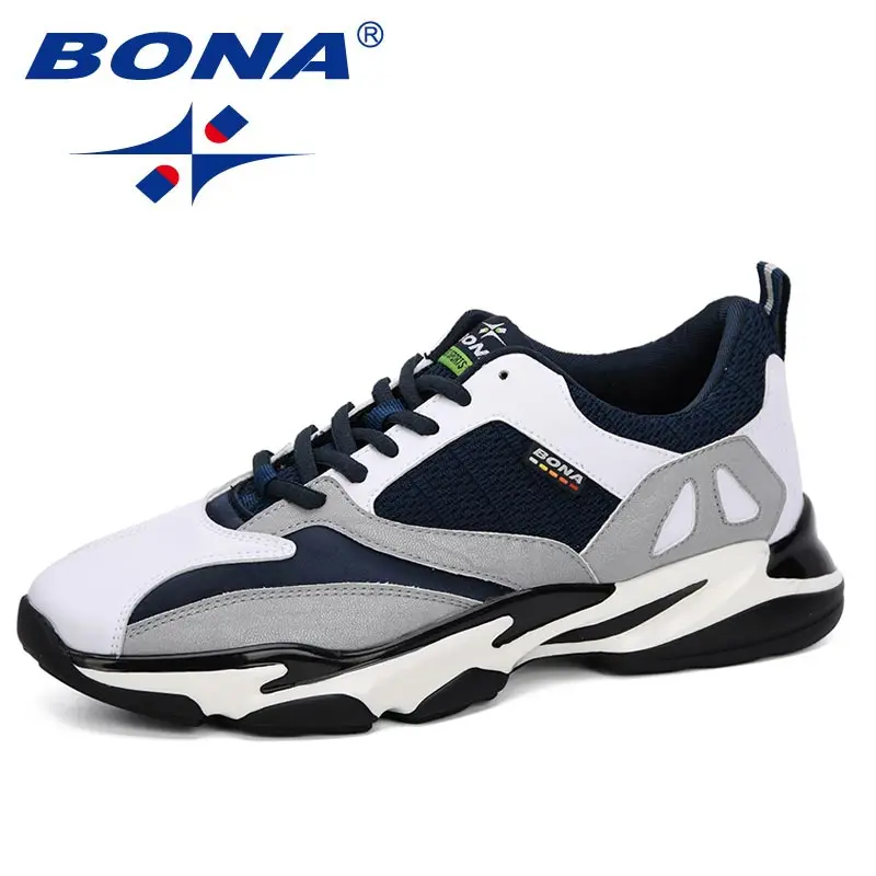 WHITE DEEP BLUE BONA Мужская обувь для бега на шнуровке, кроссовки для мужчин, уличная спортивная обувь для мужчин, сетчатые спортивные кроссовки для мужчин, для прогулок, бега, Hombre - Цвет: WHITE DEEP BLUE