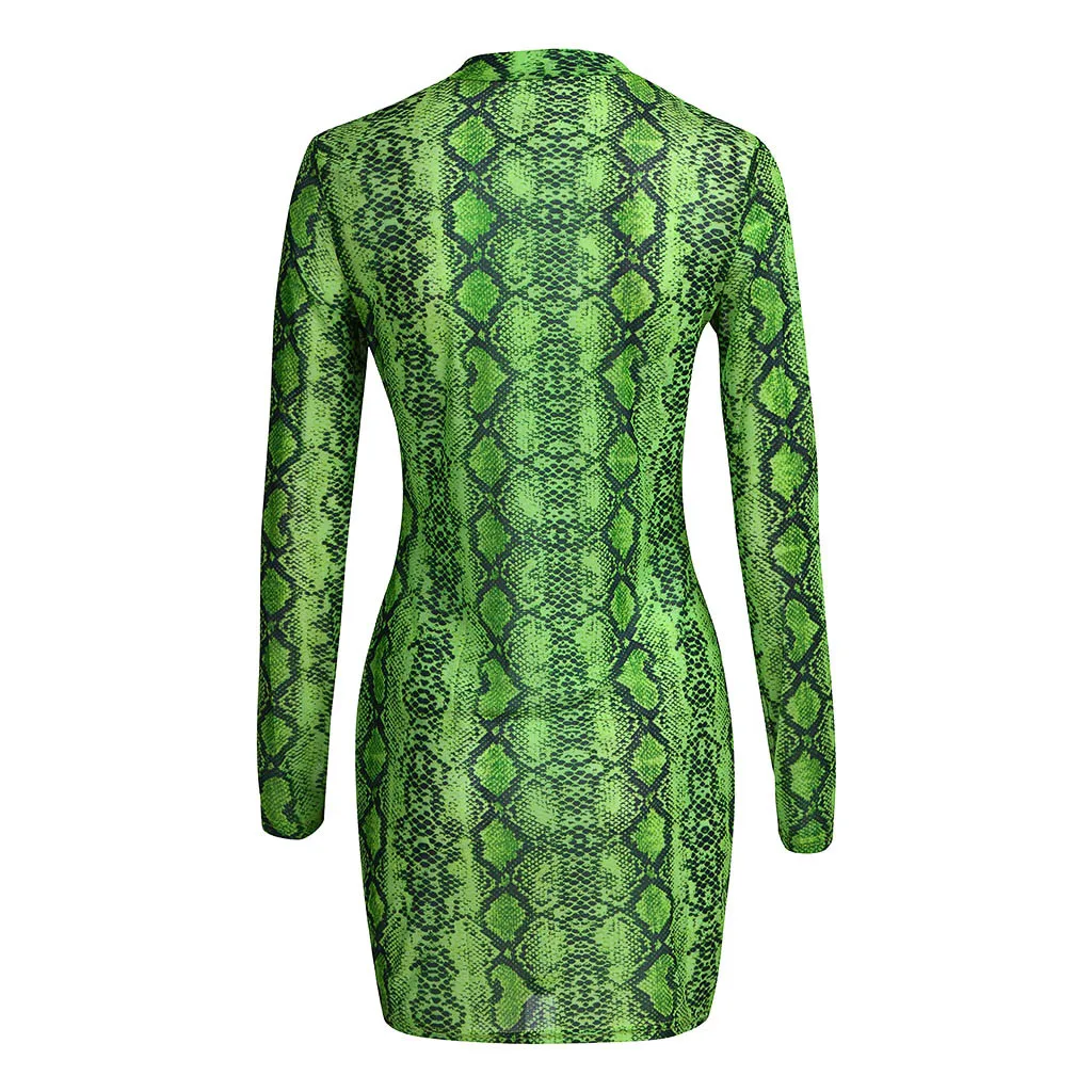 JAYCOSIN Summer Sexy Women Snake Leopard Print Dress Long Sleeve O-Neck Bodycon Mesh Sheer Party Club Mini Sundress 614W | Женская
