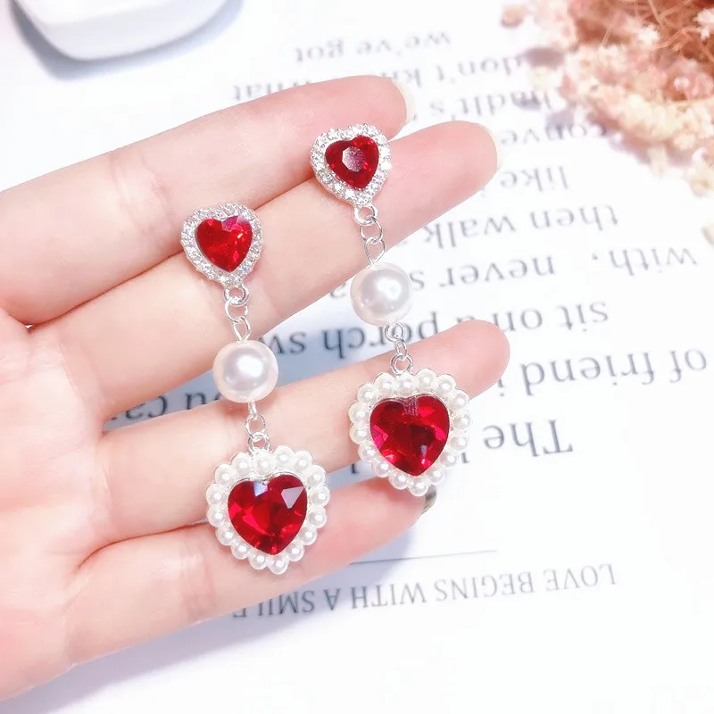 MENGJIQIAO Новые корейские модные висячие серьги в форме сердца с кристаллами для женщин вечерние аксессуары искусственный жемчуг Букле д 'ореиль