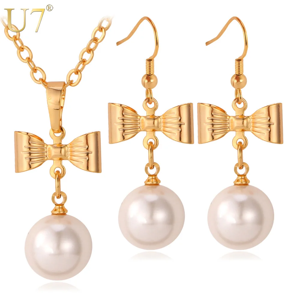 

U7 Bowknot Necklace Set Trendy Gold Color Simulated Pearl Necklace Earrings Jewelry Set For Women S574