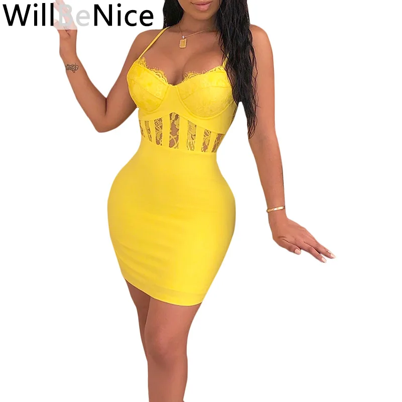 

WillBeNice Women Summer Bandage Dress 2019 Yellow Low Hollow Cut Sexy Night Club Mini Bandage Dress