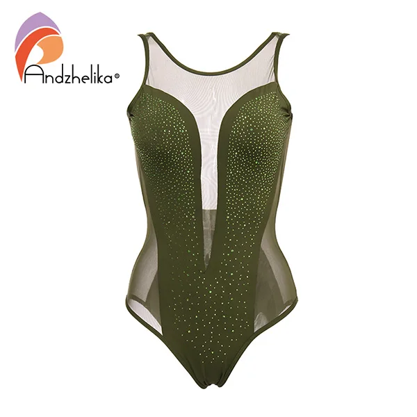 Army green Andzhelika слитный купальник женский сексуальный сетчатый купальник боди со стразами летний купальный костюм бразильский пляжный Монокини - Цвет: Army green