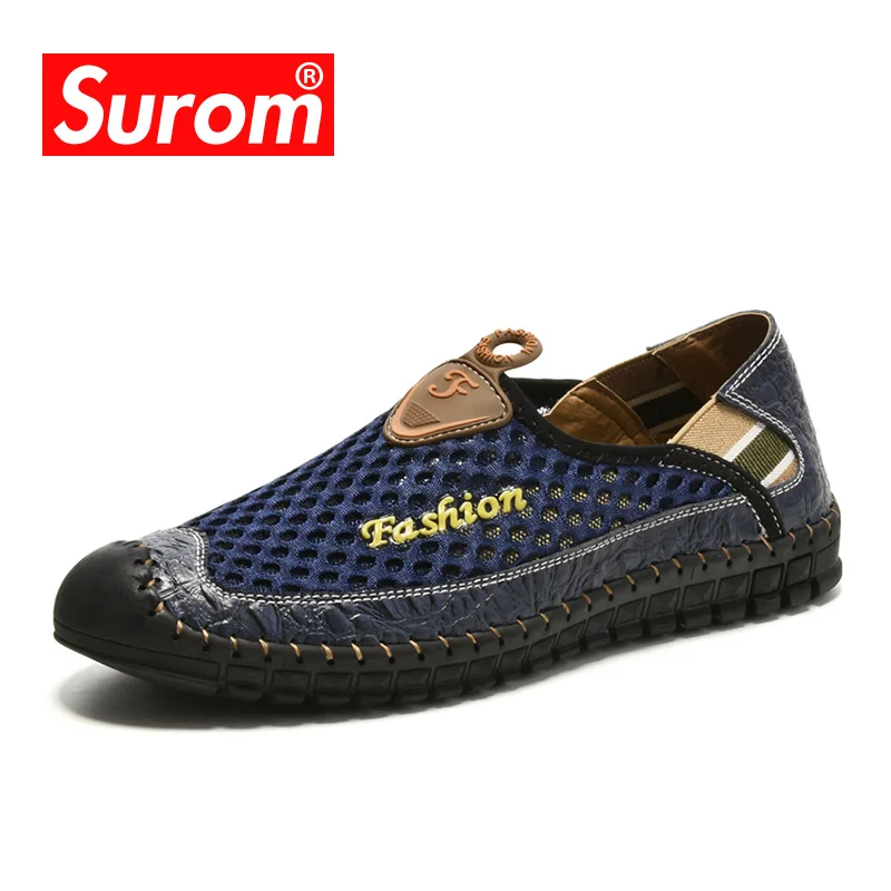 SUROM Summer New Casual Shoes Men Sneakers Breathable Leather Mesh Fashion Driving Comfortable Soft Hand Made Loafers | Обувь