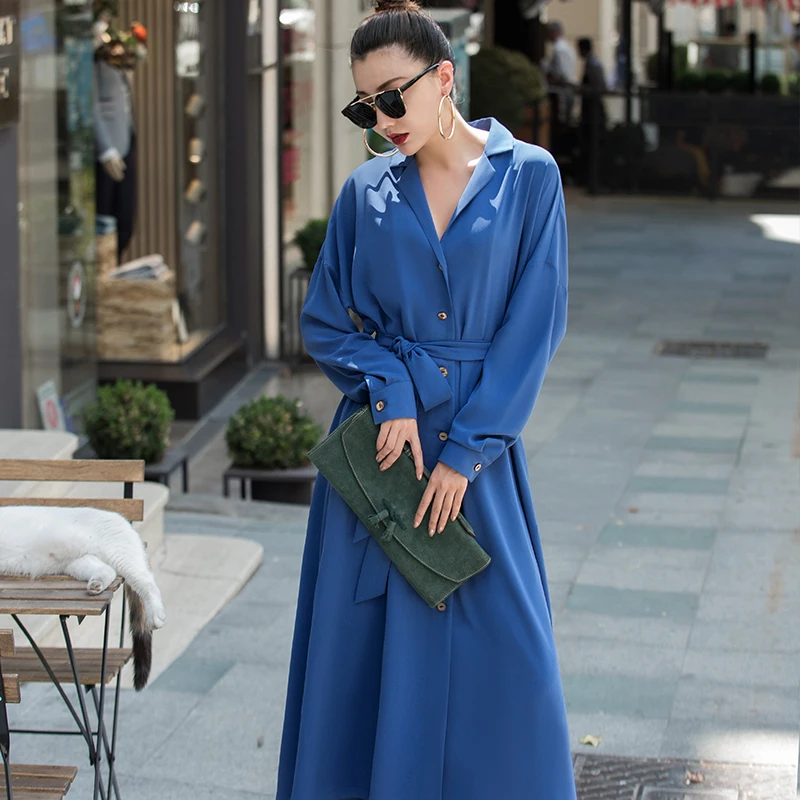 VERRAGEE Осень Новый женский 2019 рубашка платье сплошной цвет синий пуговица длинный