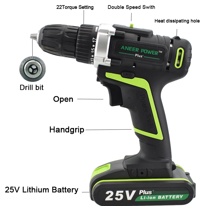 Беспроводной шуруповёрт на 25 В с мини-аккумулятором и комплектом сверлов.