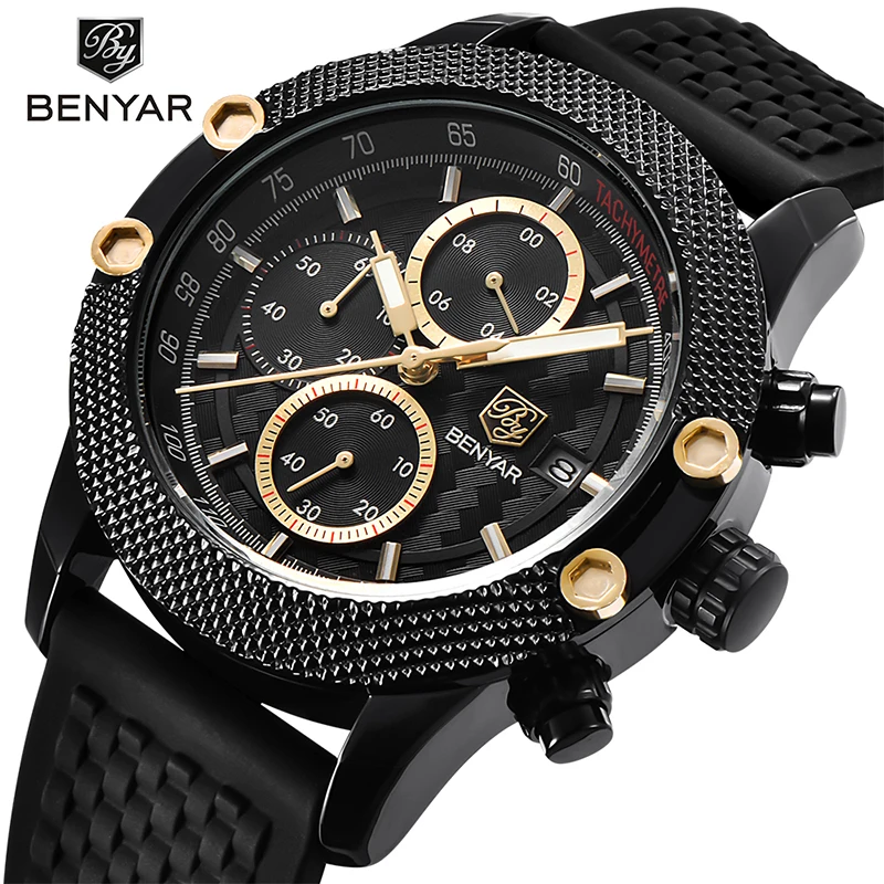 

Luxury BENYAR Men 's Quart Wristwatches Waterproof Chronograph Date Display Silicone Stainless Steel Mesh Straps Stylish Gift