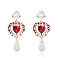 korean red rhinestone hollow simulated pearl love heart drop earrings fashion women statement party brinco jewelry
