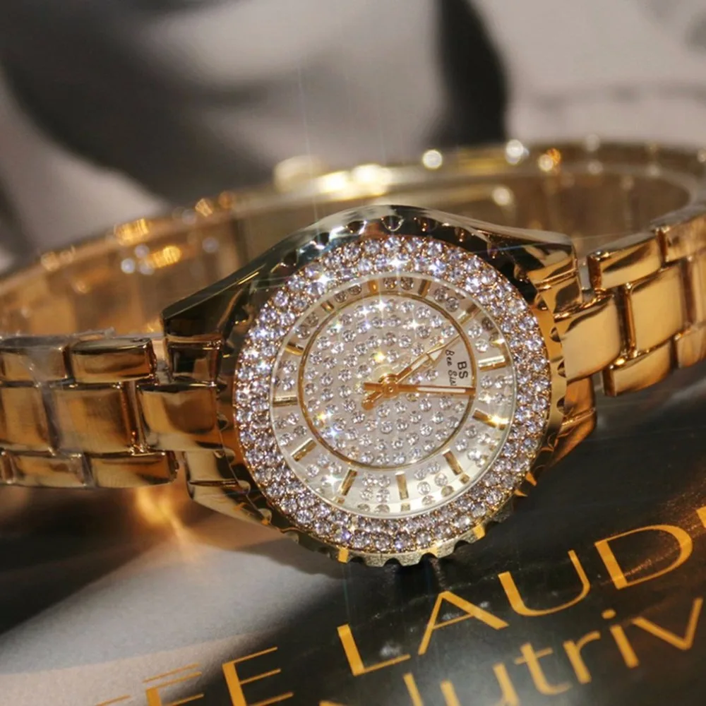 2018 розовое золото часы Luxury женское платье горный хрусталь кварцевые