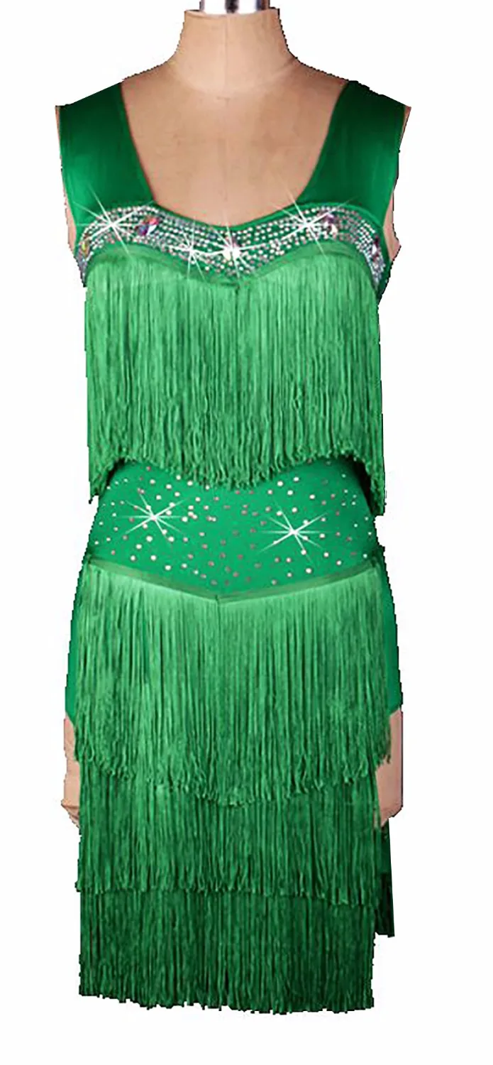 

custom custmize Green Color Fringe Tassel latin Rumba cha cha salsa tango one-piece dance dress competition wear S-XXXL