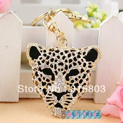 

Cool Gold Alloy with Rhinestones Leopard Head Car Keychain Keyring for Men and Women