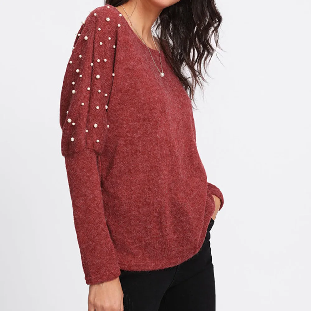 Kenancy Elegant Pearl Sweater Casual Loose Women O-Neck Long Sleeve Knitted Pullovers Autumn Female Jumper Streetwear Pull Femme | Женская