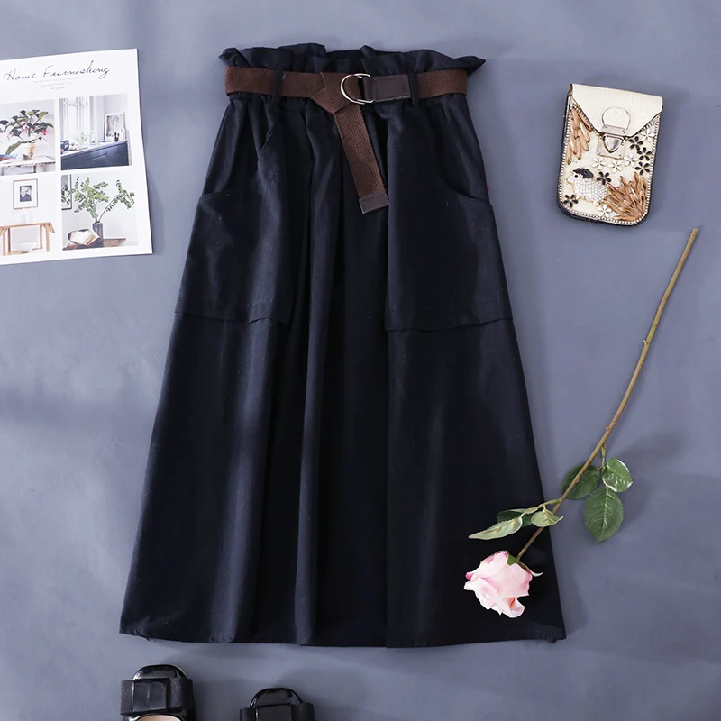 

CHGOISIO Women Medium Long Rock 2019 New Summer Ladies Sharp Tie Up Bag High Waist Sleeve Solid A -line Skirts