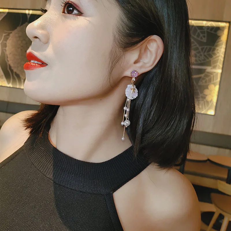 New Arrival Shell Trendy Women Dangle Earrings Asymmetric Long Tassel Earrings Female Jewelry Korean Pearl Earrings
