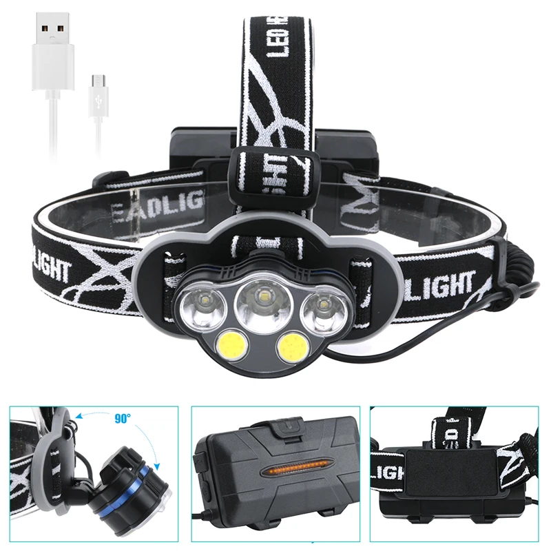 Boruit 1 * T6 + 2 XPE COB 5 LED MICRO USB налобный фонарь Головной лампа для верховой езды