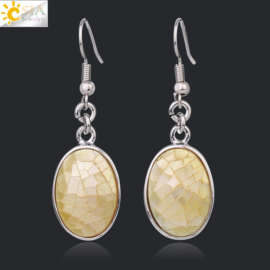 Yellow Shell CSJA, натуральные серьги-ракушки, розовый, белый цвет, ракушка в форме яйца, висячие серьги-капли для женщин, повседневные пляжные летние ювелирные изделия F981 - Окраска металла: Yellow Shell