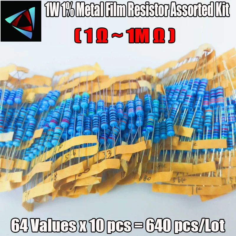 

640Pcs 1W 1% 64Values 1~2.2M Ohm Metal Film Resistor Kit