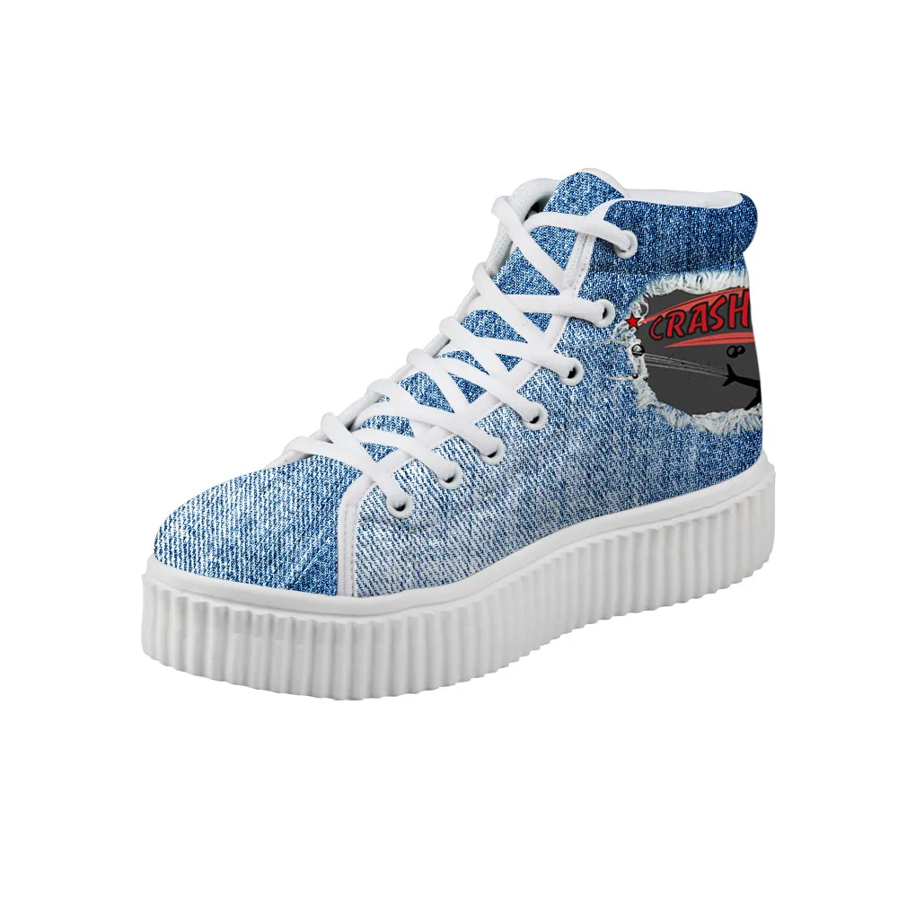 WHEREISART/Женская обувь на платформе Цвет деним кроссовки с принтом кота парусиновая