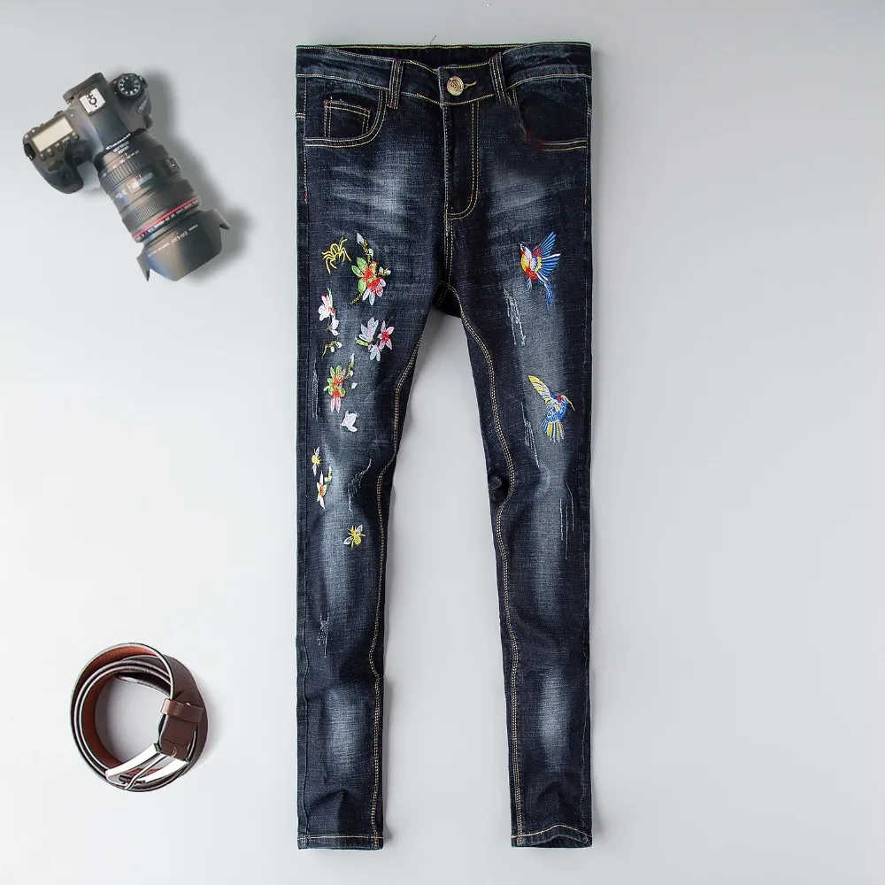 Дизайнерская одежда мужские джинсы стрейч рваные хип хоп джинсы Homme Distressed дизайн мужские тонкие брюки с вышивкой