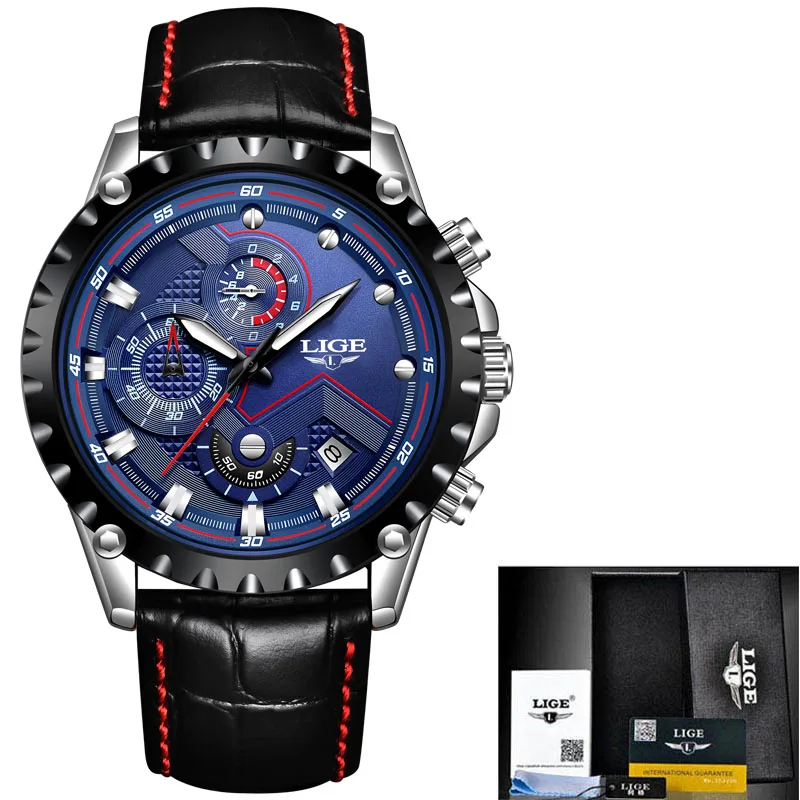 silver blue 2019LIGE модные мужские часы Топ Бренд роскошные кожаные часы мужские военные спортивные водонепроницаемые аналоговые кварцевые часы Relogio Masculino - Цвет: silver blue