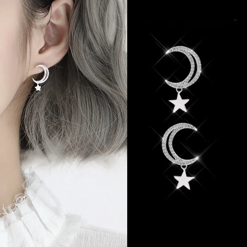 

Fashion S925 Silver needle Shiny Zirconia Star Moon Earrings