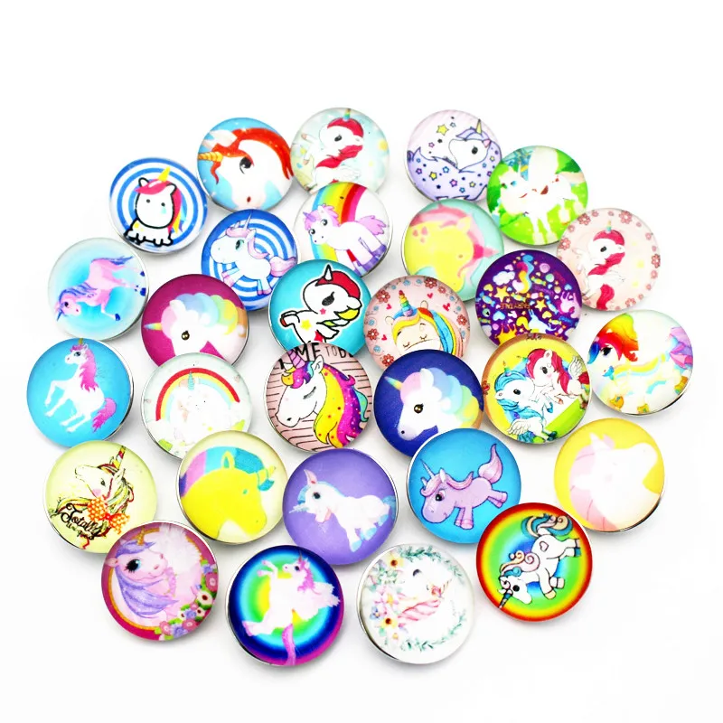 

Wholesale Mixs 50pcs/lot 18mm Glass Snap Buttons Cartoon Unicorn Snap Chams Fit DIY Ginger Snap Bracelet Necklace Jewelry