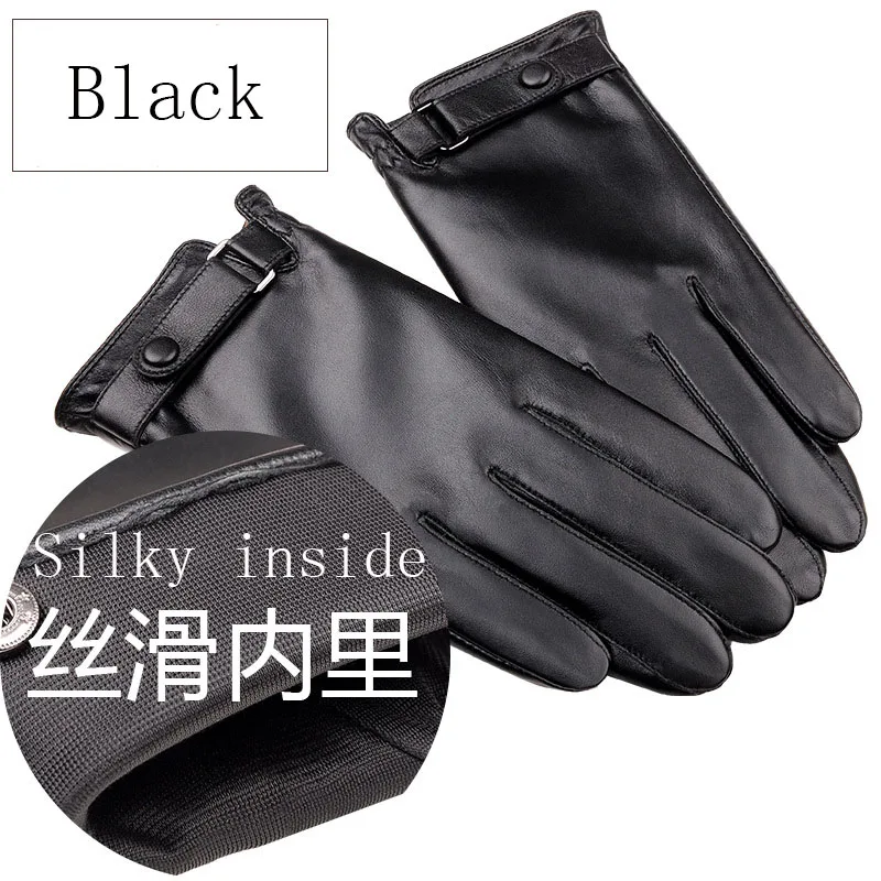 Black Silky inside Мужские крутые перчатки из натуральной овечьей кожи, тонкие/толстые плюшевые зимние теплые перчатки с сенсорным экраном, перчатки для вождения A42 - Цвет: Black Silky inside