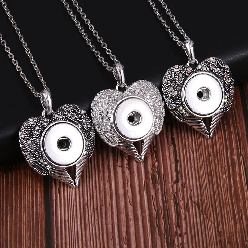 New snaps jewelry Heart shaped wing with crystal rhinestone snap necklace 18mm Pendant women girl fun Christmas gift | Украшения и