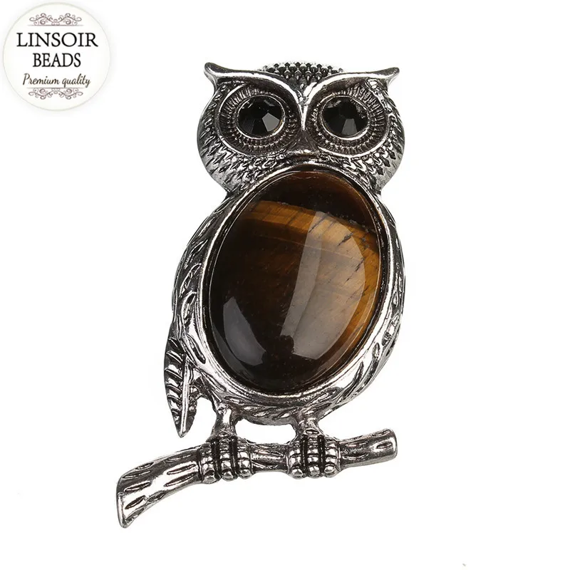 LINSOIR Fashion Metal Alloy Animal Owl Charms Pendants 48*29mm Natural Stone For Diy Necklace Jewelry Making F5518 | Украшения и