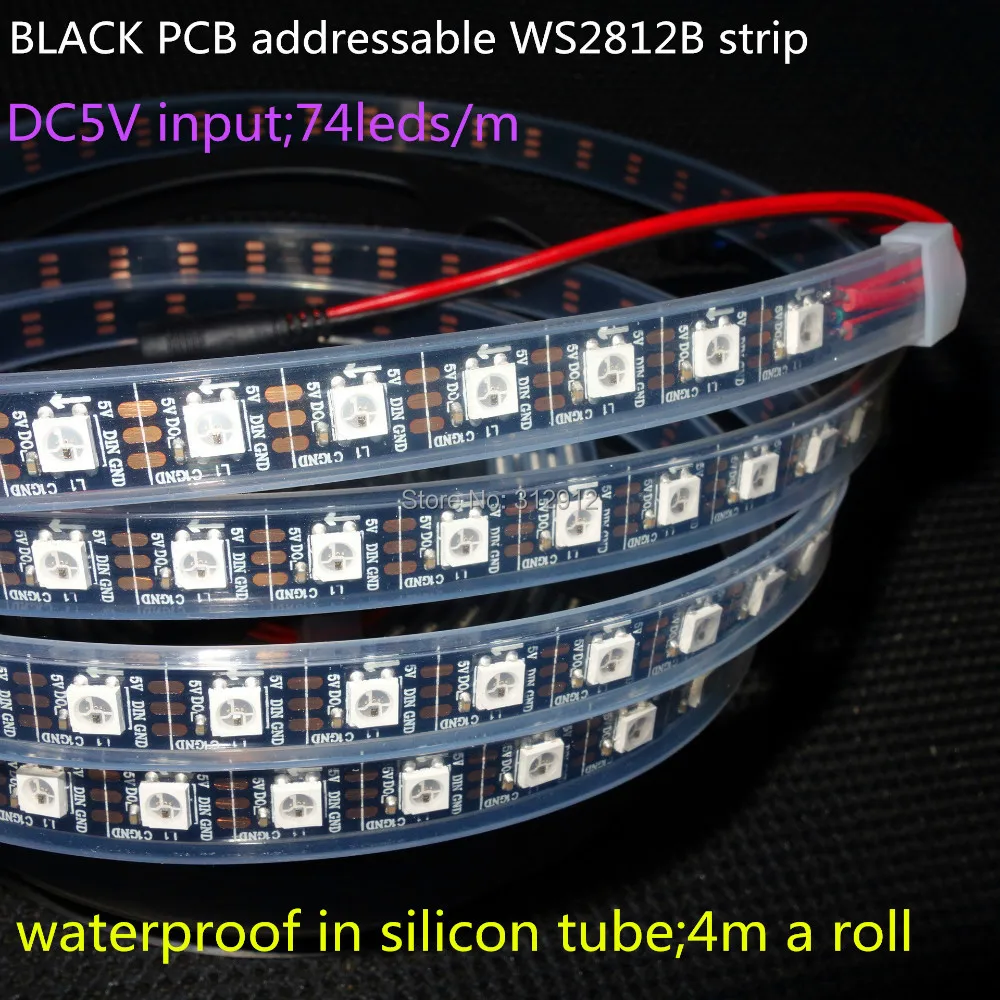 

4m 74leds/m DC5V addressable WS2812B led pixel strip,waterproof in silicon tube,74pcs WS2812B/M with 74pixels;BLACK PCB