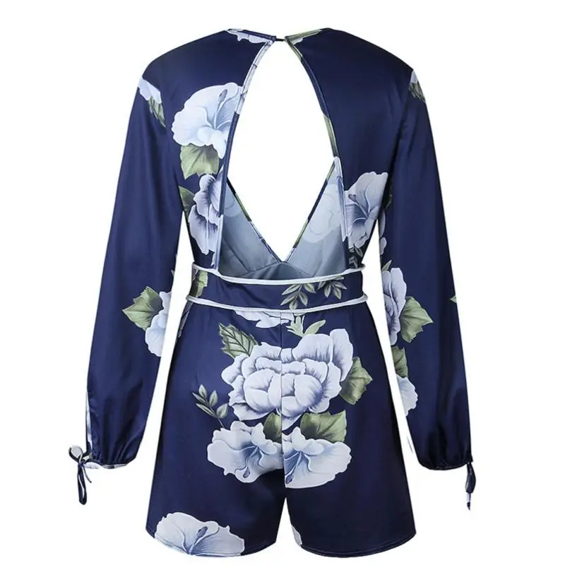 2018 Summer Style Beach Rompers Women Jumpsuit Sexy Longsleeve Backless V Neck Playsuits Ladies Vintage Print Overalls Body Suit | Женская