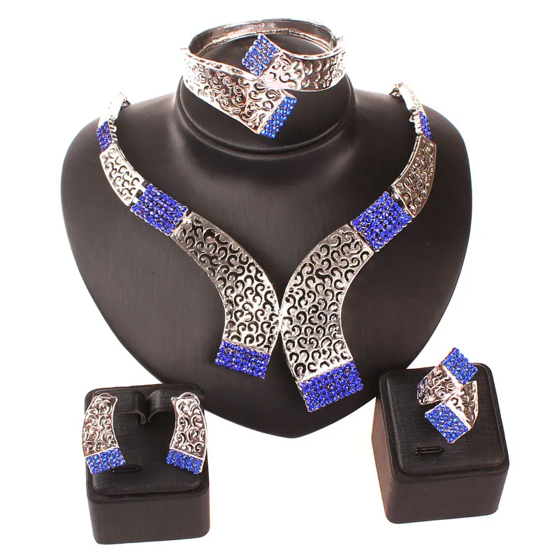 

Bridal Dubai Crystal Jewelry Sets Nigerian Wedding Fashion Silver Necklace for Women African Costume Jewelry Set
