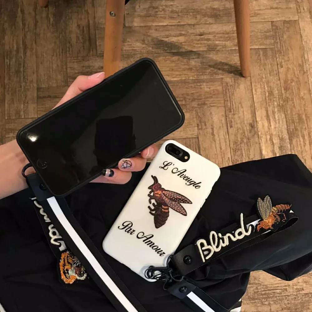 ZMASI Embossment Tiger Soft Cell Case for iPhone X 8 7 6 6s plus Relief Honeybee TPU Back Cover with Embroidery Lanyard |
