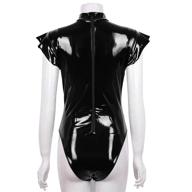 Женское цельное боди Wetlook, женское белье из лакированной кожи, с высоким воротом, с рукавом-крылышком, открытый бюст, трико, боди, сексуальное ночное белье, клубная одежда