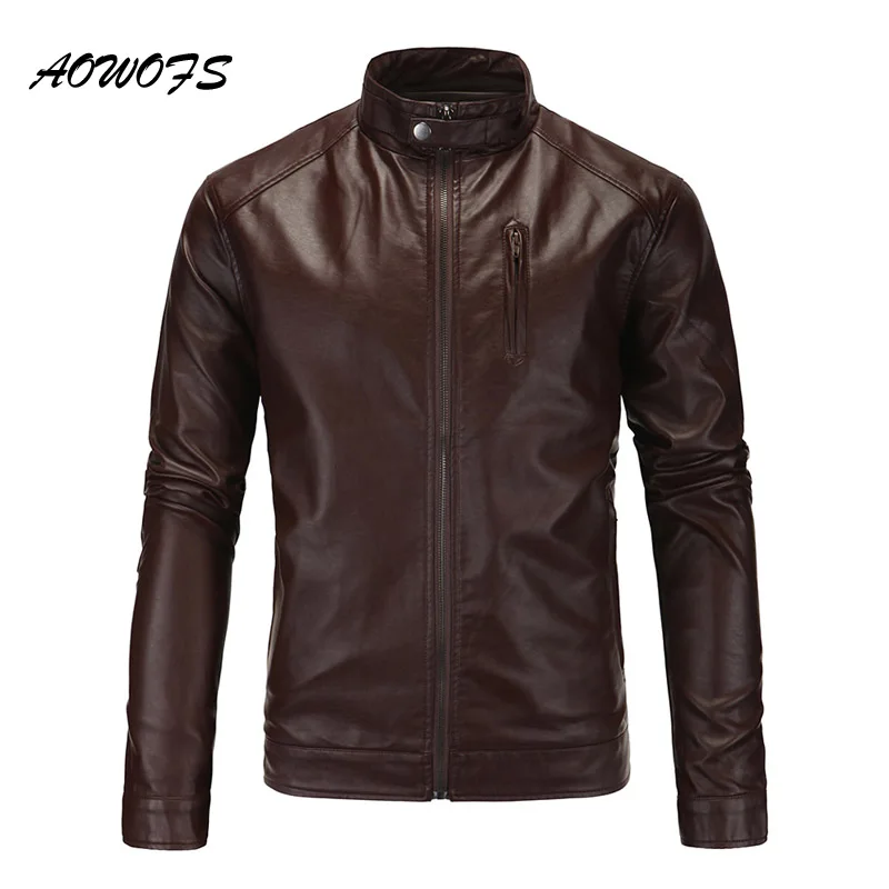 AOWOFS классические мужские кожаные куртки коричневые байкерские и пальто для