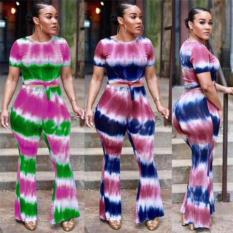 

Women Short Sleeve Tracksuit Gradient Printing Clothing Set 2019 New Summer Casual Clubwear Crop Top Wide Leg Pants 2Pcs Outfits