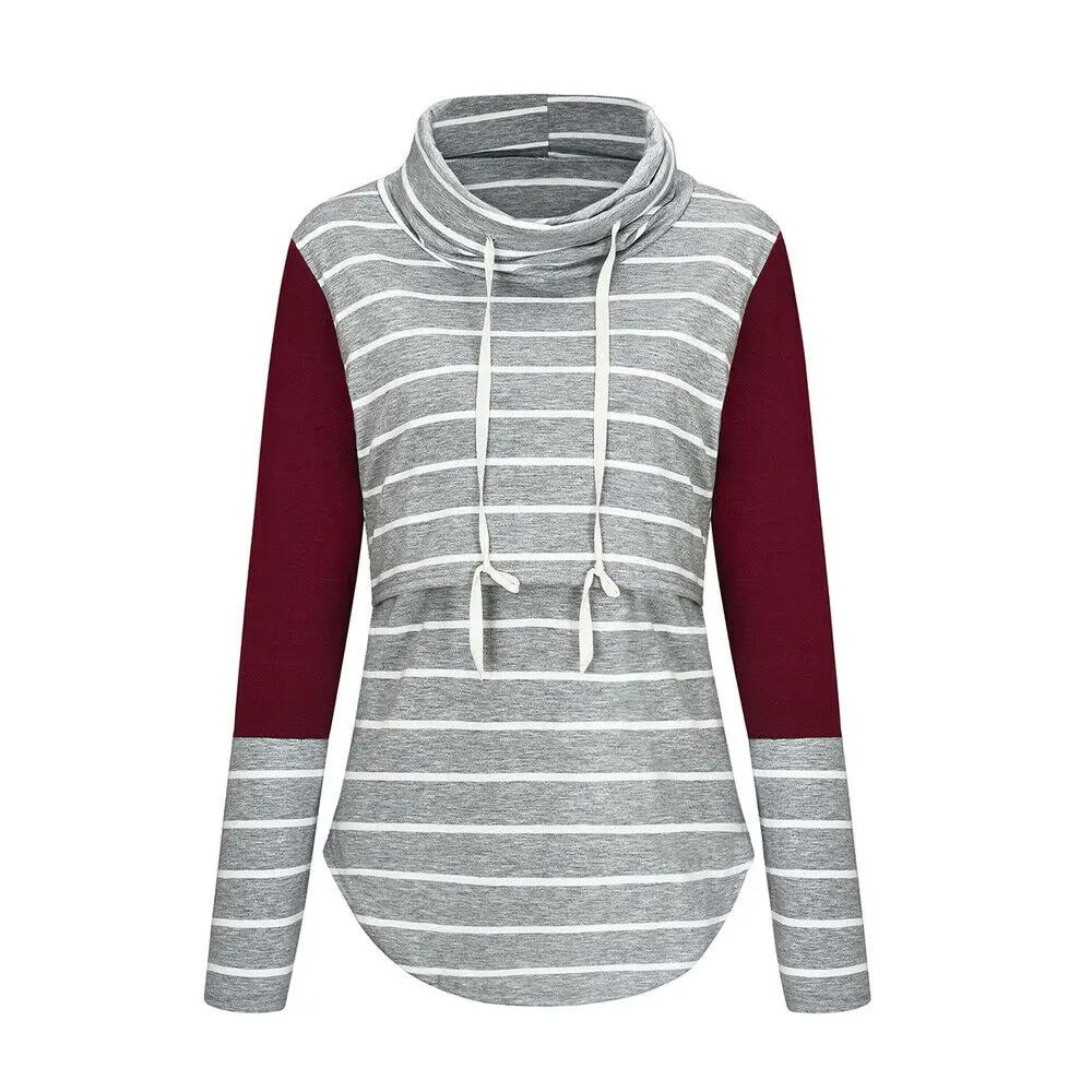 RHODO Pregnant Maternity Womens Nursing Clothes Stripe Long Sleeve Round Neck Breastfeeding Blouse Fashion Top Plus Size S-2XL - Color: RHODO