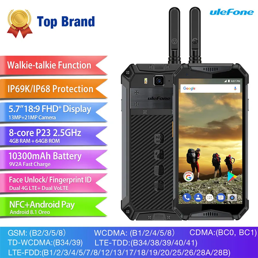 Ulefone power 3T Android 8 1 IP68 Водонепроницаемый 5 7 &quothelio P23 Octa Core 4 Гб + 64 21MP 10030 мАч OTG NFC иди и