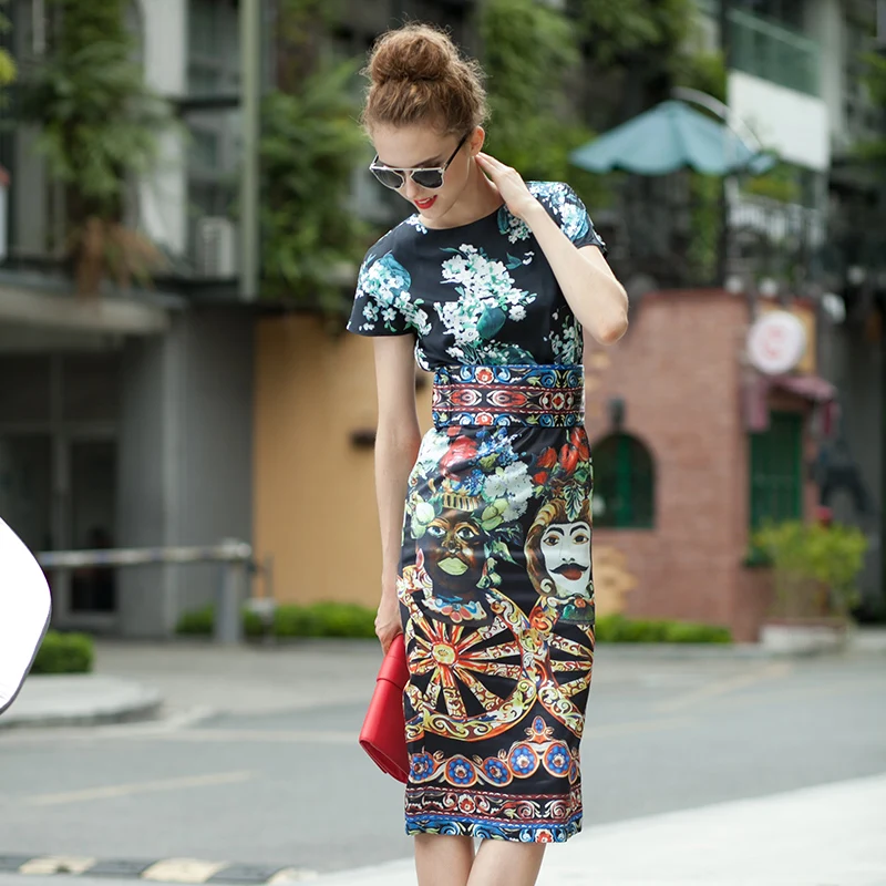 Truevoker Runway Trends Dress Women Vintage Floral Wheel Print Waistbrand Knee Length Robe Ethnic Holiday Mujer Festa Vestido | Женская