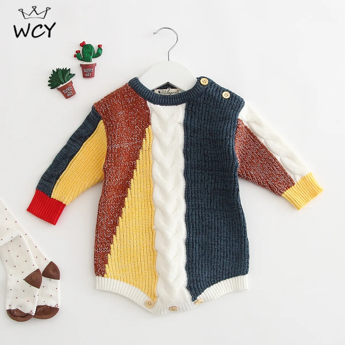 

2019 Artistic Stitching Knitted Cotton Baby Onesie Fall Winter Knitted Baby Clothes Fashion Long Sleeve Bodysuit Baby 6M 12M 24M