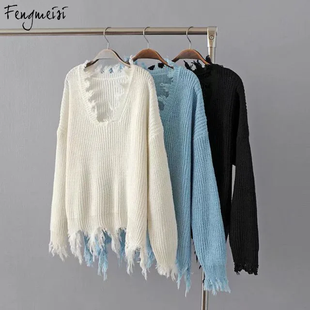 Fengmeisi knitted sweater women pullover female Casual loose V neck ripped tassel autumn pull femme knit jumper P2607 | Женская одежда