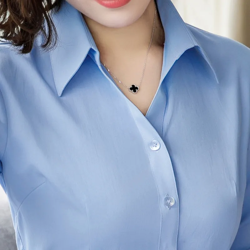 Женская хлопковая рубашка с длинным рукавом белая или синяя приталенная Деловая