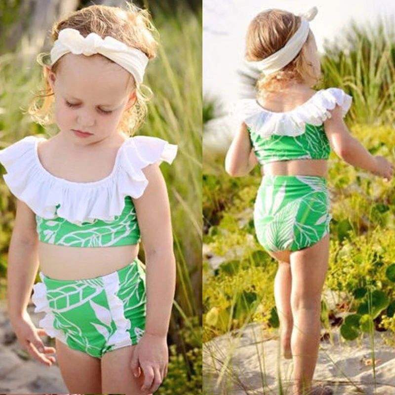 2017 детское бикини с открытыми плечами и листьями лотоса для девочек купальный