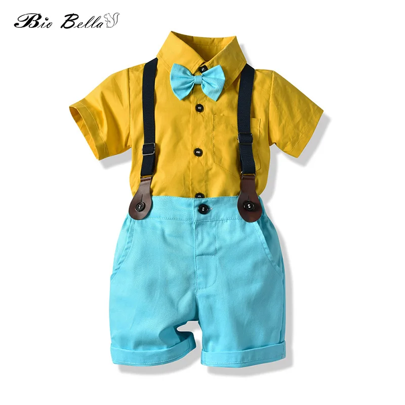 

Summer Boy Clothes Kids Sets Baby Boy Blue Strap Shorts+Short Sleeve Casual Yellow Shirt Gentle Boys Outfits Bow Tie Decor Suits