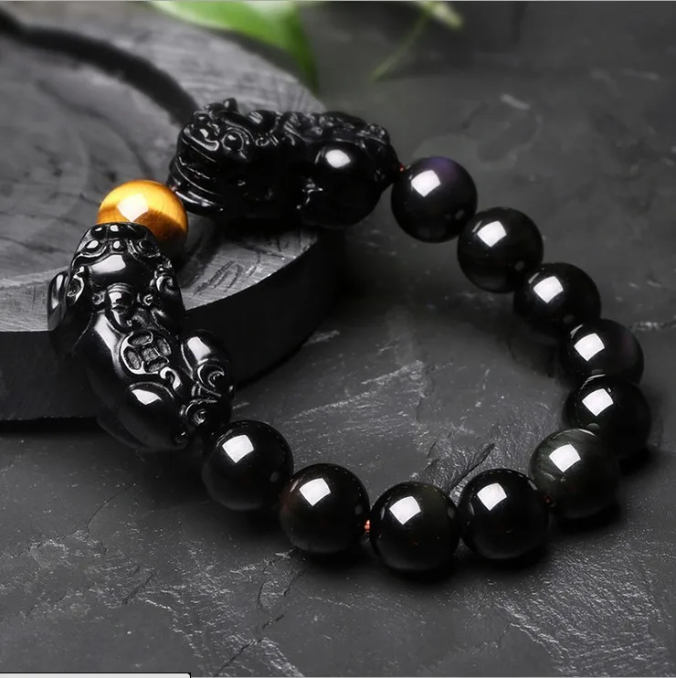 Natural Black Obsidian Beads Bracelet Tiger Eye Stone Jewelry PIXIU Lucky Brave Men Drop Shipping | Украшения и аксессуары
